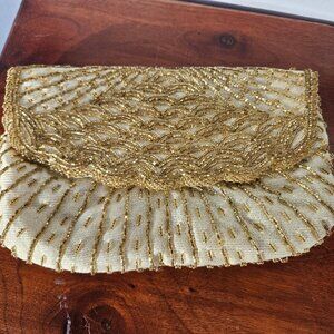 Vintage 1960s La Regale Gold Satin and Beaded Clutch, Beautiful!